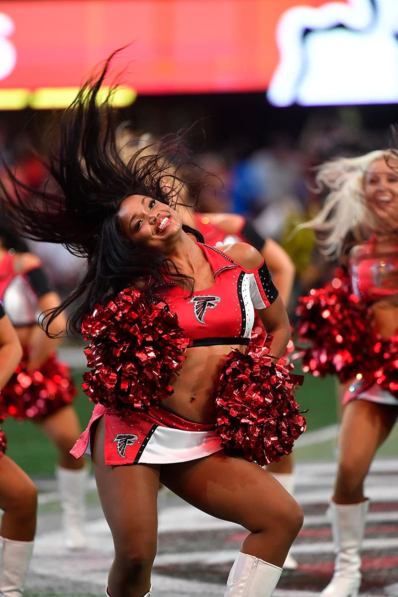 Atlanta Falcons cheerleaders perform during the first half of an NFL preseason football game between the Atlanta Falcons and the Kansas City Chiefs, Friday, Aug. 17, 2018, in Atlanta. (AP Photo/John Amis)