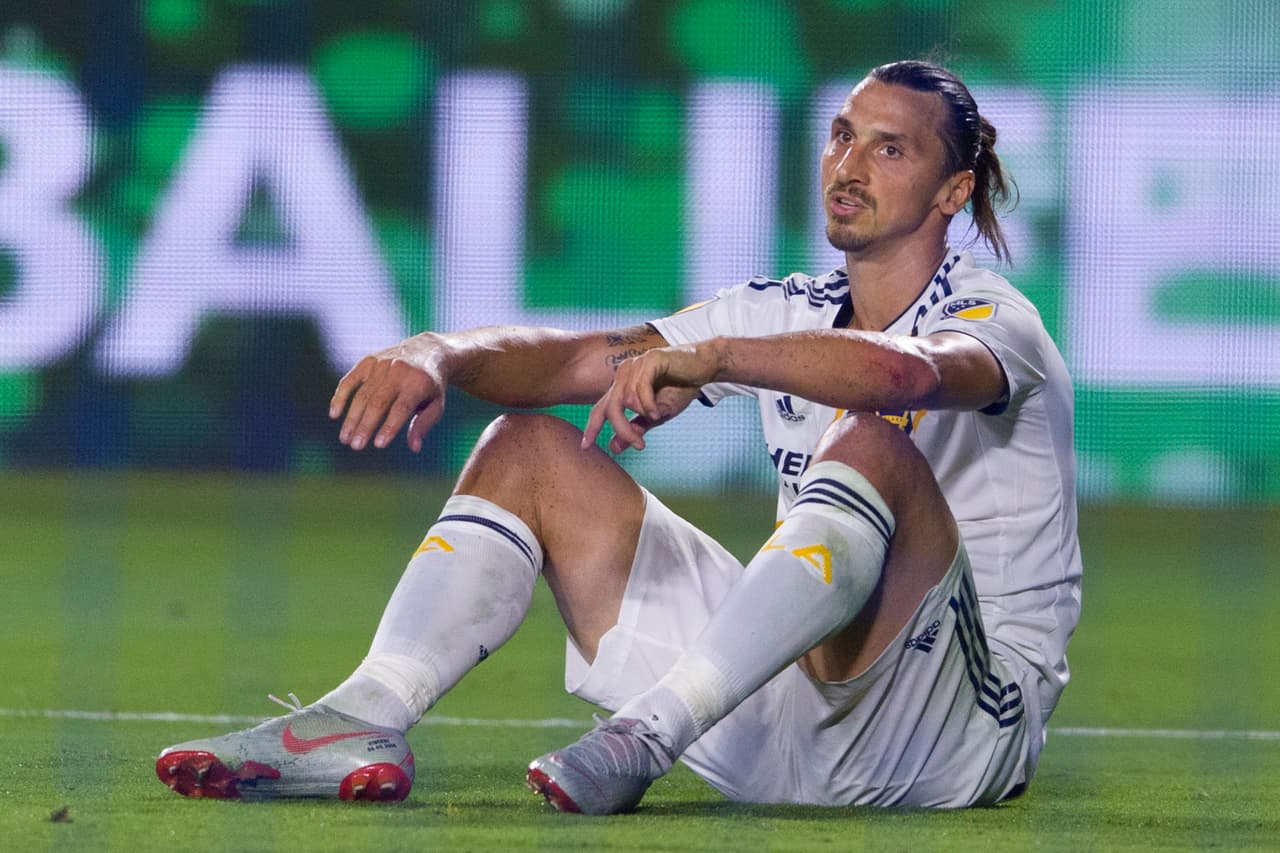 Aug 24, 2018; Carson, CA, USA; Los Angeles Galaxy forward Zlatan Ibrahimovic (9) reacts after a missed pass during the second half against the Los Angeles FC at StubHub Center. Mandatory Credit: Kelvin Kuo-USA TODAY Sports