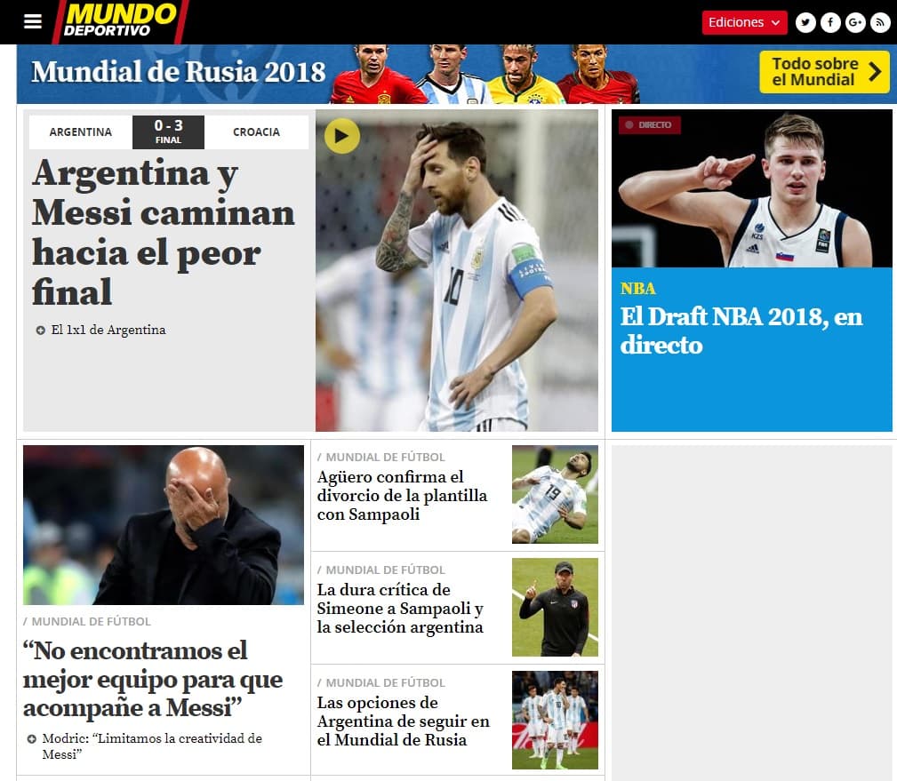 Mundo Deportivo (España) recuerda que a la Albiceleste la aguarda un desenlace fatal y los lamentos del técnico Jorge Sampaoli.