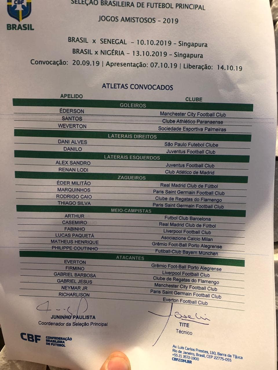 Convocatoria de la selección brasileña