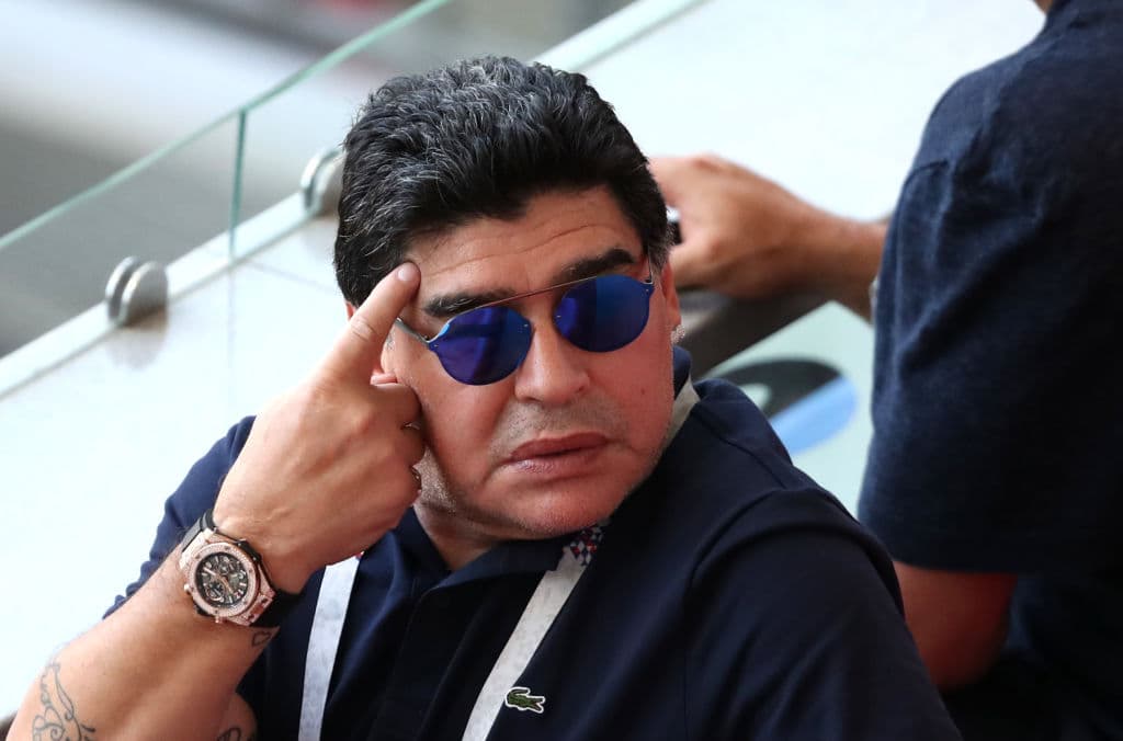 KAZAN, RUSSIA - JUNE 30: Diego Armando Maradona reacts after France's fourth goal during the 2018 FIFA World Cup Russia Round of 16 match between France and Argentina at Kazan Arena on June 30, 2018 in Kazan, Russia. (Photo by Catherine Ivill/Getty Images)
