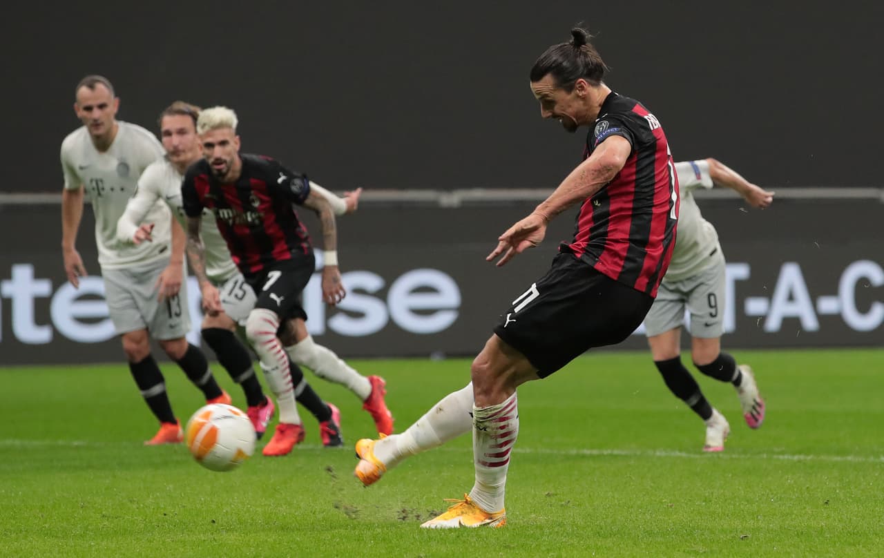 MILAN, ITALY - OCTOBER 29: Zlatan Ibrahimovic of AC Milan takes a penalty kick and misses it during the UEFA Europa League Group H stage match between AC Milan and AC Sparta Praha at San Siro Stadium on October 29, 2020 in Milan, Italy. (Photo by Emilio Andreoli/Getty Images)