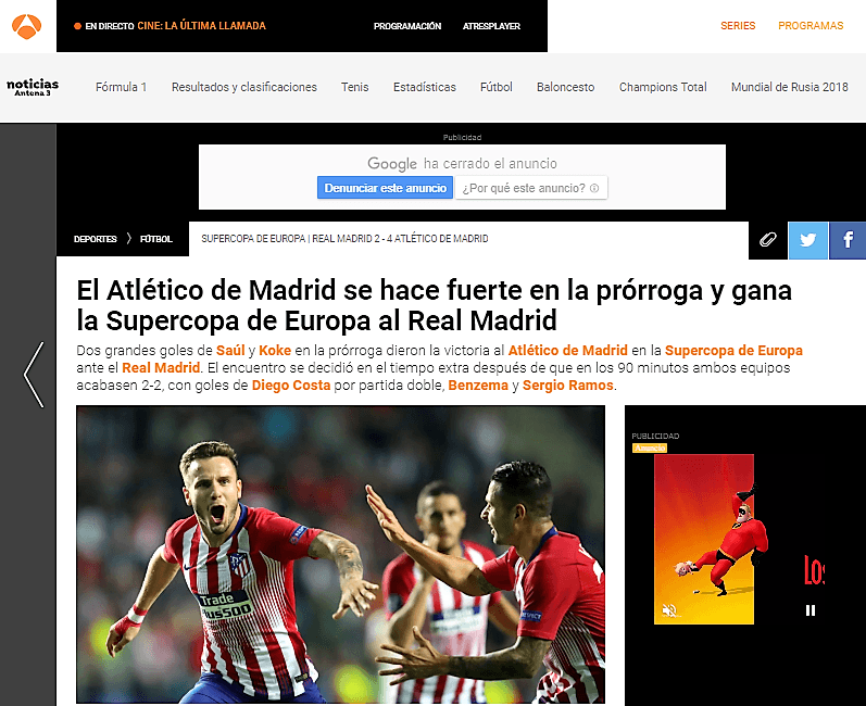 El portal de la cadena televisiva española 
<i>Antena 3</i> también consignó el triunfo del Atleti.