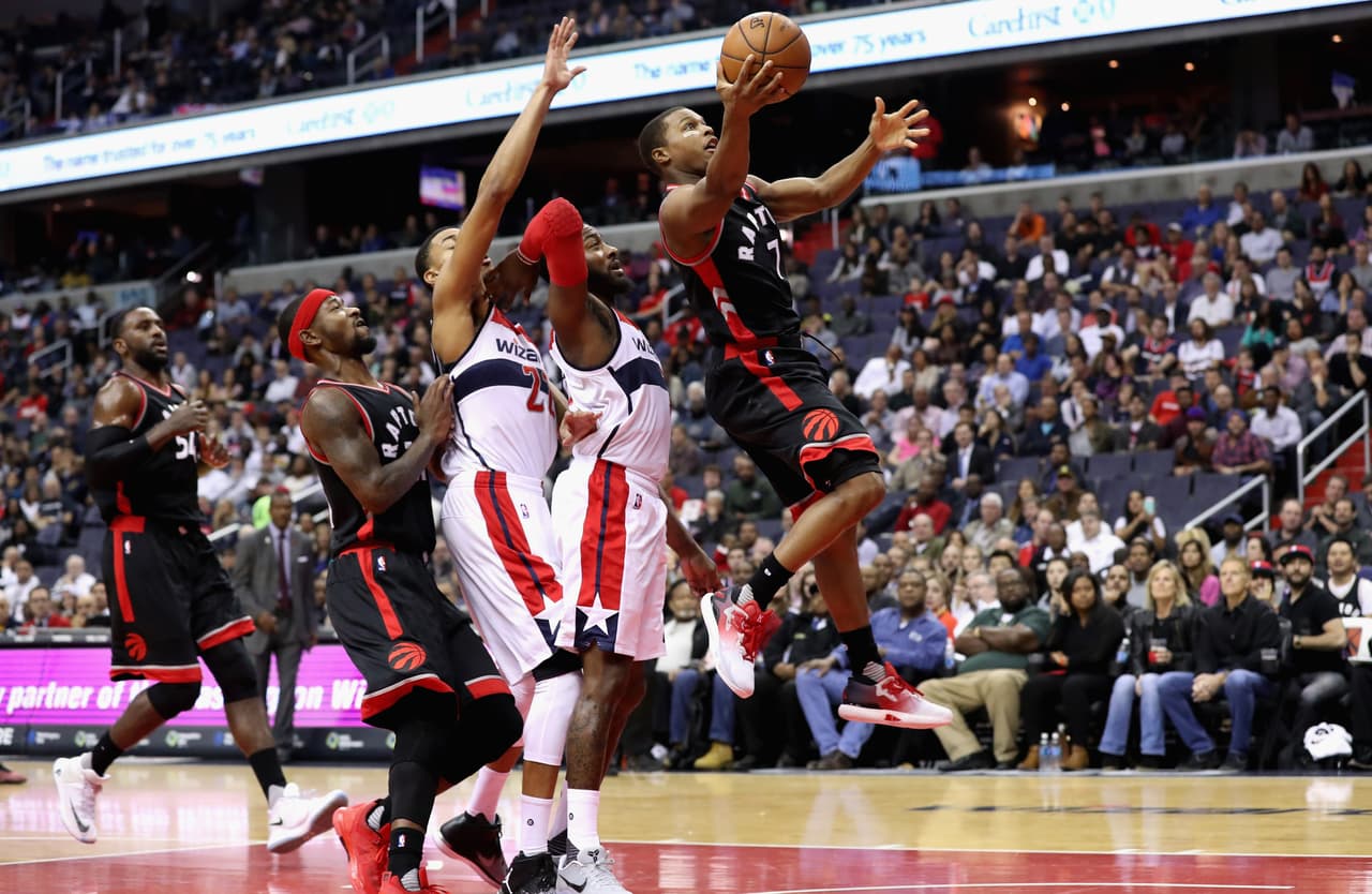 WASHINGTON, DC - NOVEMBER 02: Kyle Lowry #7 of the Toronto Raptors puts up a shot against the Washington Wizards in the first half at Verizon Center on November 2, 2016 in Washington, DC. NOTE TO USER: User expressly acknowledges and agrees that, by downloading and or using this photograph, User is consenting to the terms and conditions of the Getty Images License Agreement. (Photo by Rob Carr/Getty Images)