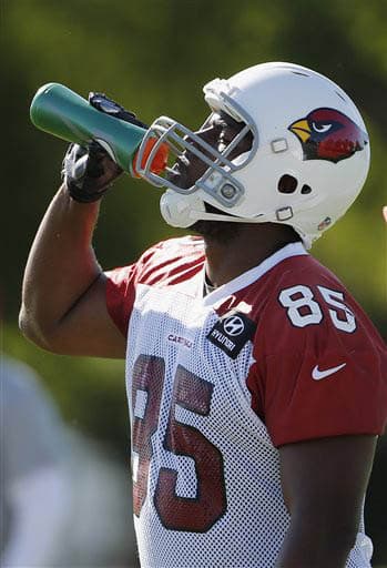 Hidratación durante las actividades. TE Darren Fells (AP-NFL).