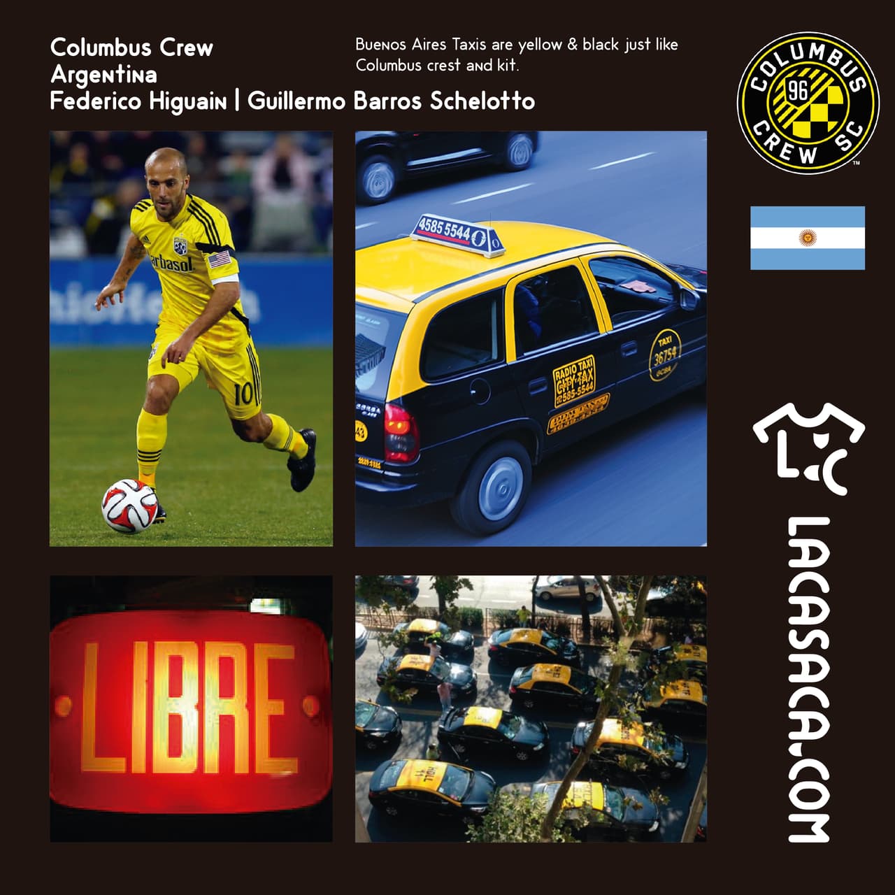 COLUMBUS CREW SC | Argentina es la inspiración para el actual subcampeón de la MLS, ya que de allí vienen sus dos máximas figuras históricas, Federico Higuaín y Guillermo Barros Schelotto. Curiosamente, los taxis en Buenos Aires utilizan los mismo colores del club.