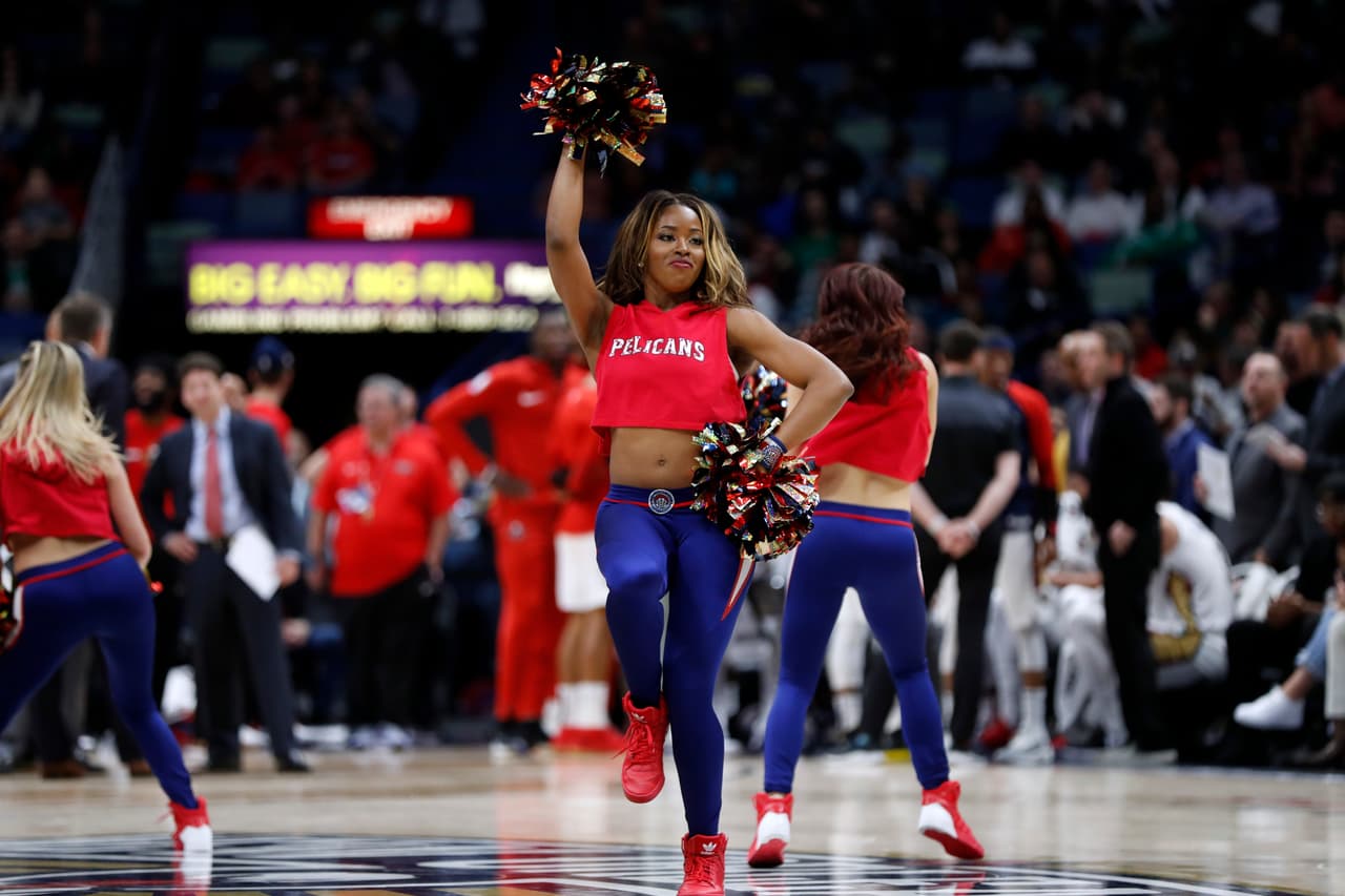 New Orleans Pelicans cheerleaders perform in the second half of an NBA basketball game in New Orleans, Monday, Nov. 26, 2018. The Celtics won 124-107. (AP Photo/Gerald Herbert)