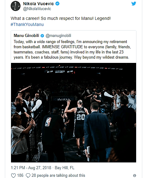 El poste montenegrino del Orlando Magic Nikola Vucevic elogia la carrera del argentino y le tributa respeto a Manu, a quien considera una leyenda.