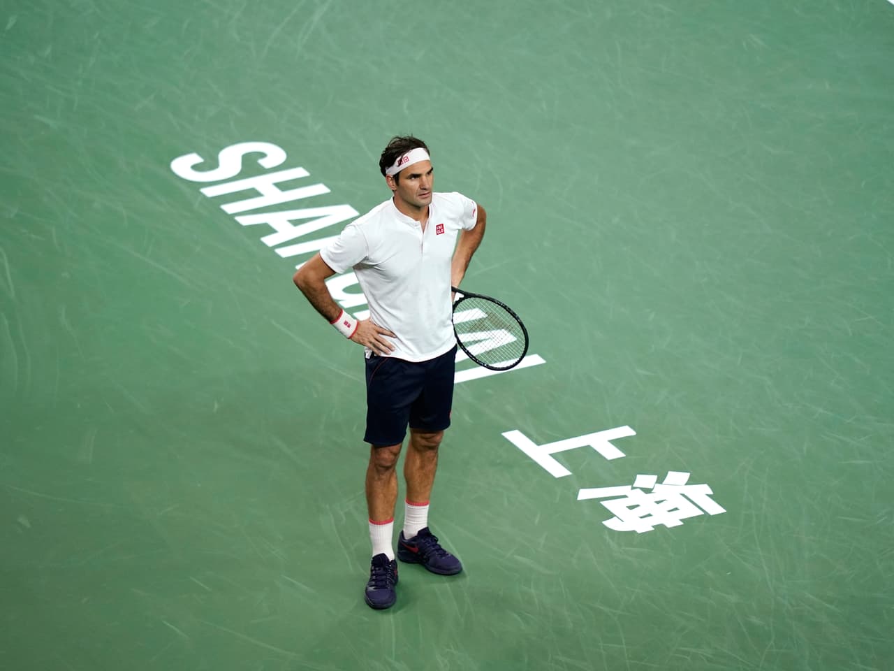 SHANGHAI, CHINA - OCTOBER 13: Roger Federer of Switzerland reacts in the match against Borna Coric of Croatia during the semi-final of men's singles match of the 2018 Rolex Shanghai Masters at Qi Zhong Tennis Centre on October 13, 2018 in Shanghai, China. (Photo by Kevin Lee/Getty Images)