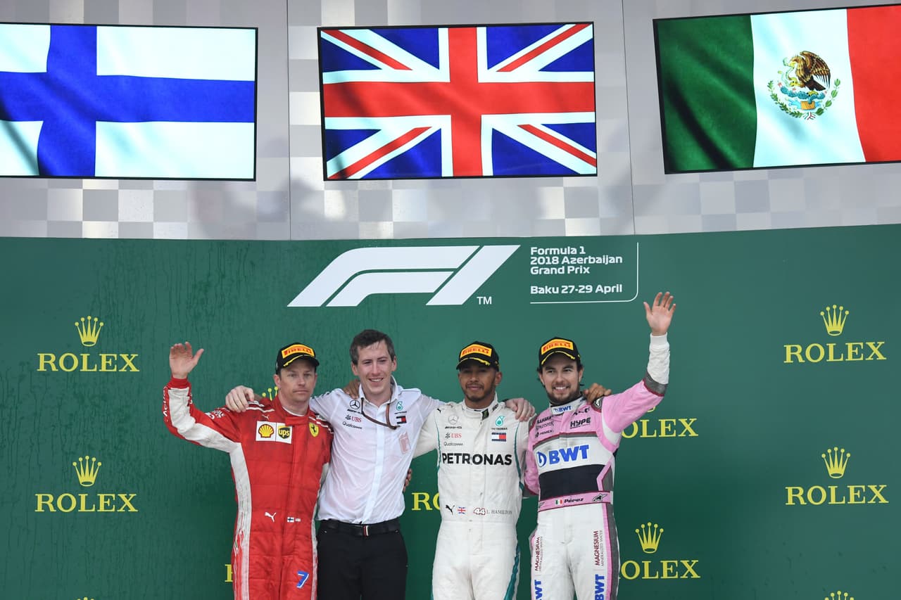 Lewis Hamilton (Mercedes), Kimmi Raikkonen (Ferrari) y Sergio Pérez (Force India) lograron el podio en el GP de Azerbaiyán.