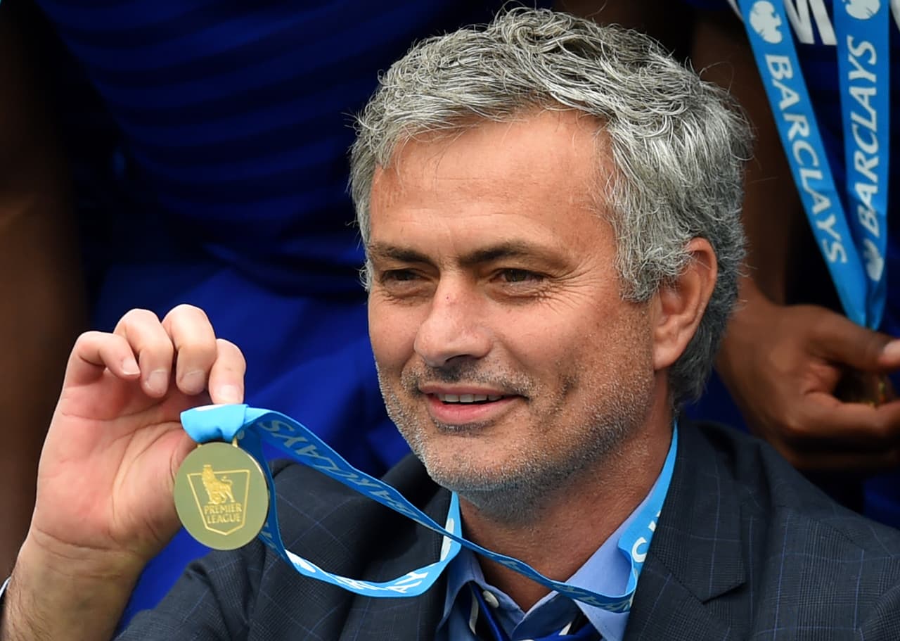 LONDON, ENGLAND - MAY 24: Jose Mourinho manager of Chelsea shows his champion's medal after the Barclays Premier League match between Chelsea and Sunderland at Stamford Bridge on May 24, 2015 in London, England. (Photo by Michael Regan/Getty Images)