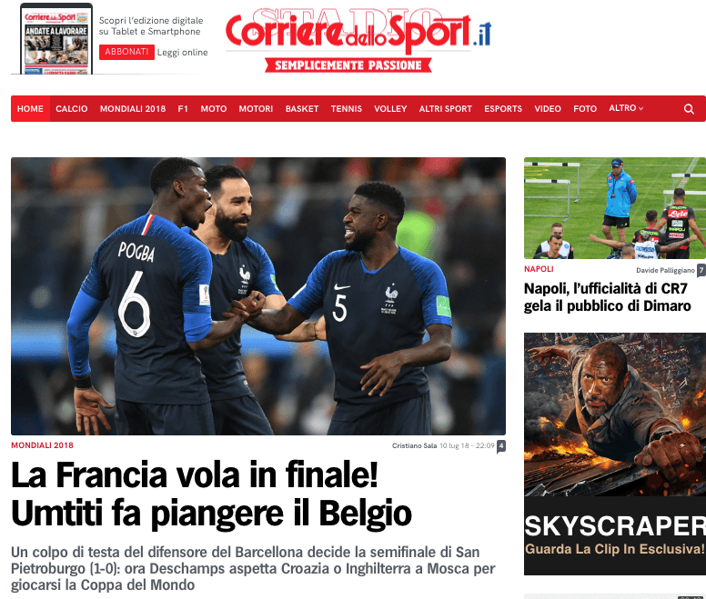 EL diario deportivo italiano Corriere dello Sport: "¡Francia vuela a la final! Umtiti hace que Bélgica se vaya.