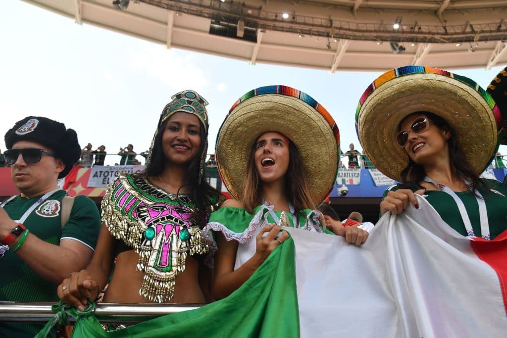 Mexico fans cheer prior to the Russia 2018 World Cup Group F football match between Mexico and Sweden at the Ekaterinburg Arena in Ekaterinburg on June 27, 2018. (Photo by HECTOR RETAMAL / AFP) / RESTRICTED TO EDITORIAL USE - NO MOBILE PUSH ALERTS/DOWNLOADS (Photo credit should read HECTOR RETAMAL/AFP/Getty Images)