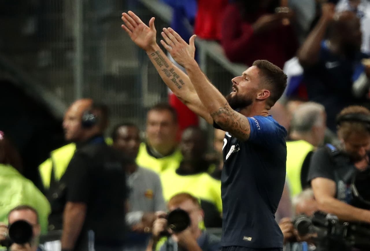 NOG. Saint-denis (France), 10/09/2018.- Olivier Giroud of France celebrates after scoring a goal against Netherlands during the UEFA Nations League, league A, group 1, soccer match between France and Netherlands at the Stade de France in Saint-Denis, near Paris, France, 09 September 2018. (Francia, Países Bajos; Holanda) EFE/EPA/IAN LANGSDON