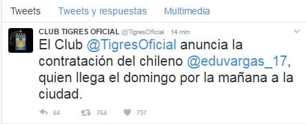 Oficial: Eduardo Vargas es jugador de Tigres