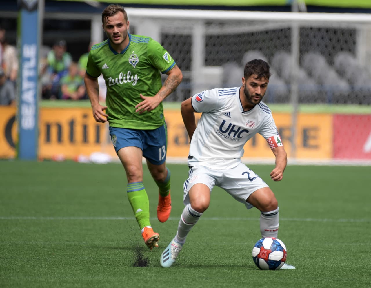 Seattle Sounders FC y New England Revolution, en un enfrentamiento de la temporada 2019.