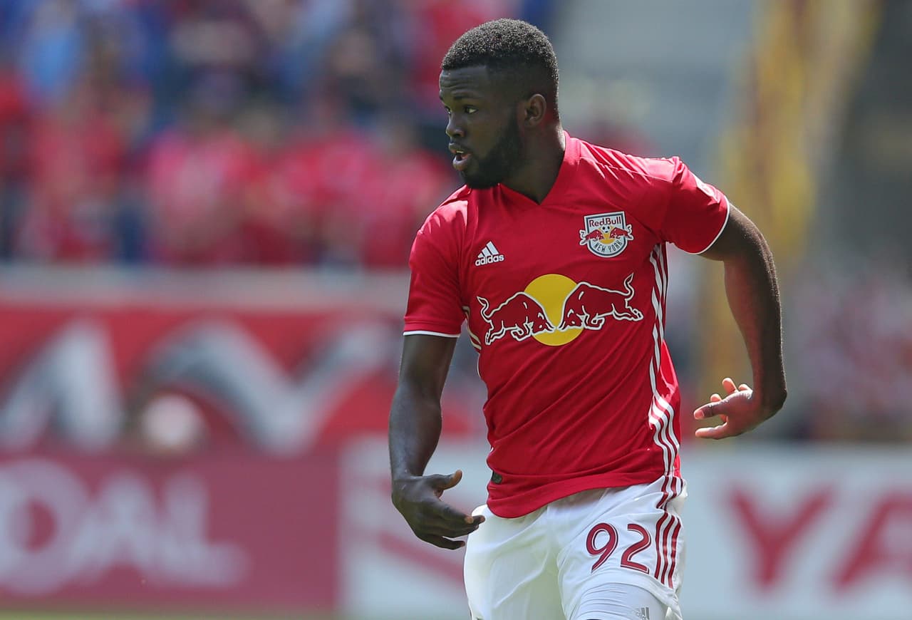 Apr 14, 2018; Harrison, NJ, USA; New York Red Bulls defender Kemar Lawrence (92) in action against the Montreal Impact at Red Bull Arena. Mandatory Credit: Brad Penner-USA TODAY Sports