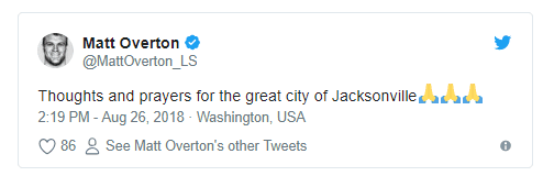 Matt Overton: "Mis pensamientos y oraciones van para la gran ciudad de Jacksonville", dijo el otrora long snapper (centrador largo) de los Jaguares.