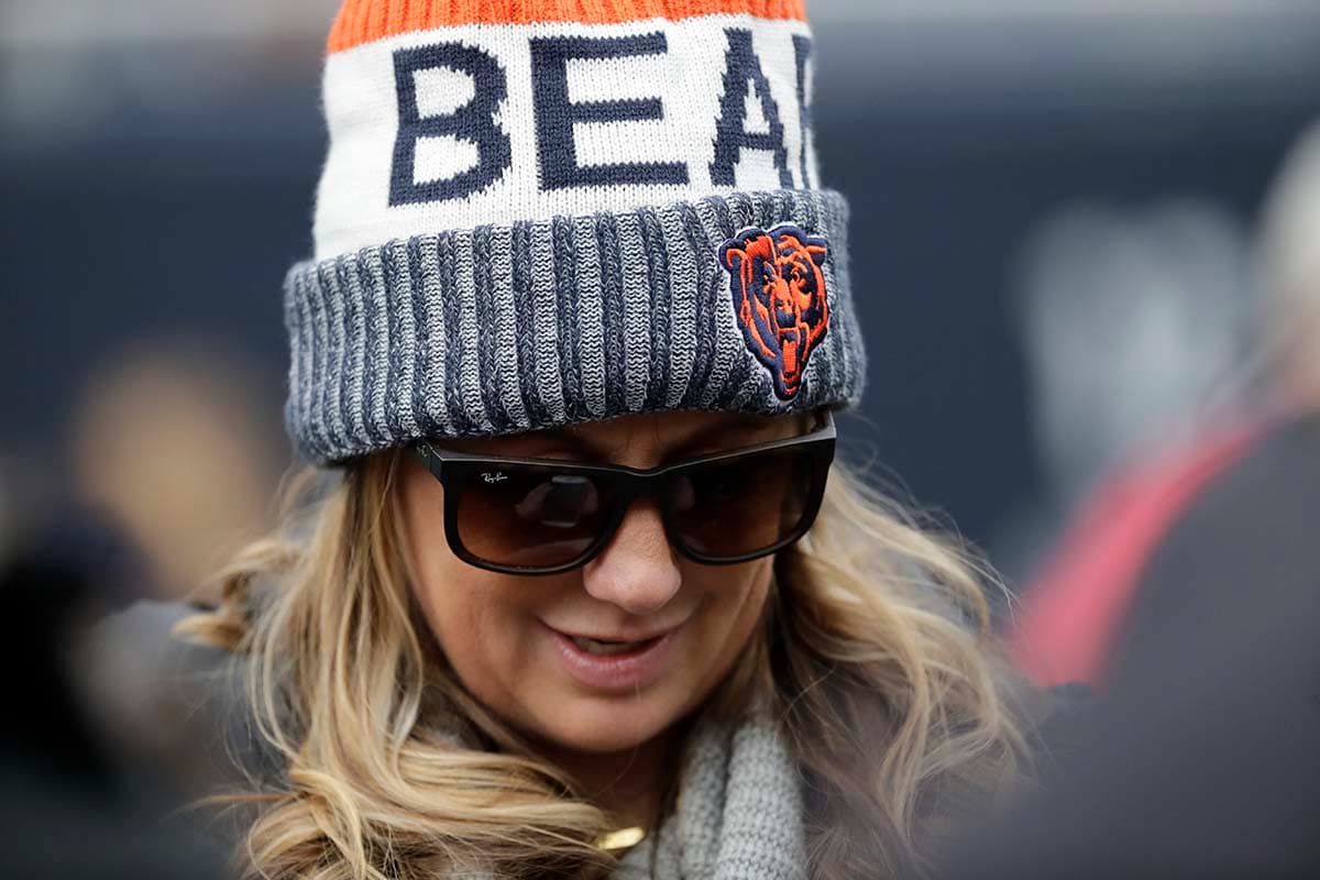 A Chicago Bears fan wears a hat during warmups before an NFL wild-card playoff football game between the Bears and Philadelphia Eagles Sunday, Jan. 6, 2019, in Chicago. (AP Photo/Nam Y. Huh)