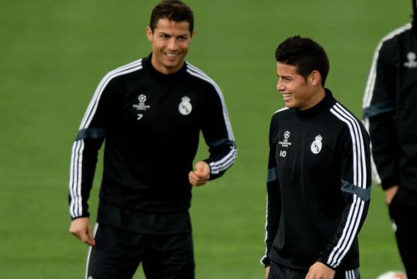 El portugués y el colombiano durante el entrenamiento del Real Madrid.