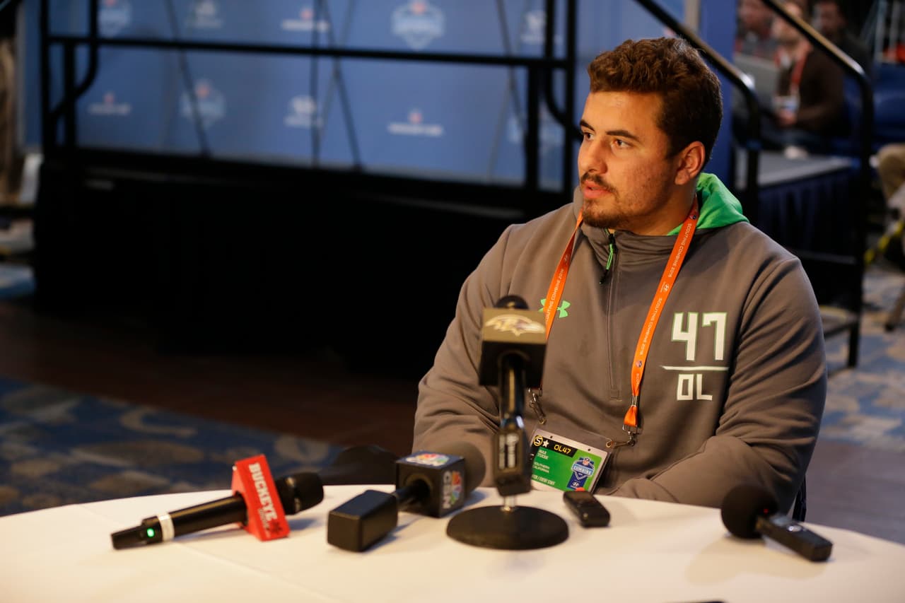 USC offensive lineman Max Tuerk speaks during a press conference at the NFL football scouting combine in Indianapolis, Wednesday, Feb. 24, 2016. (AP Photo/Michael Conroy)