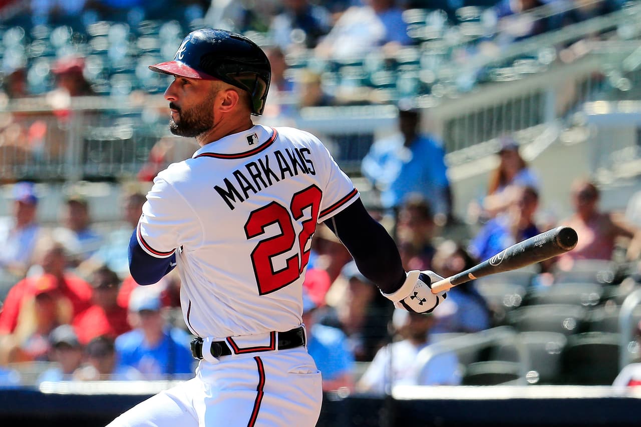 ATLANTA, GA - SEPTEMBER 19: Nick Markakis #22 of the Atlanta Braves drives in a run during the seventh inning against the St. Louis Cardinals at SunTrust Park on September 19, 2018 in Atlanta, Georgia. (Photo by Daniel Shirey/Getty Images)
