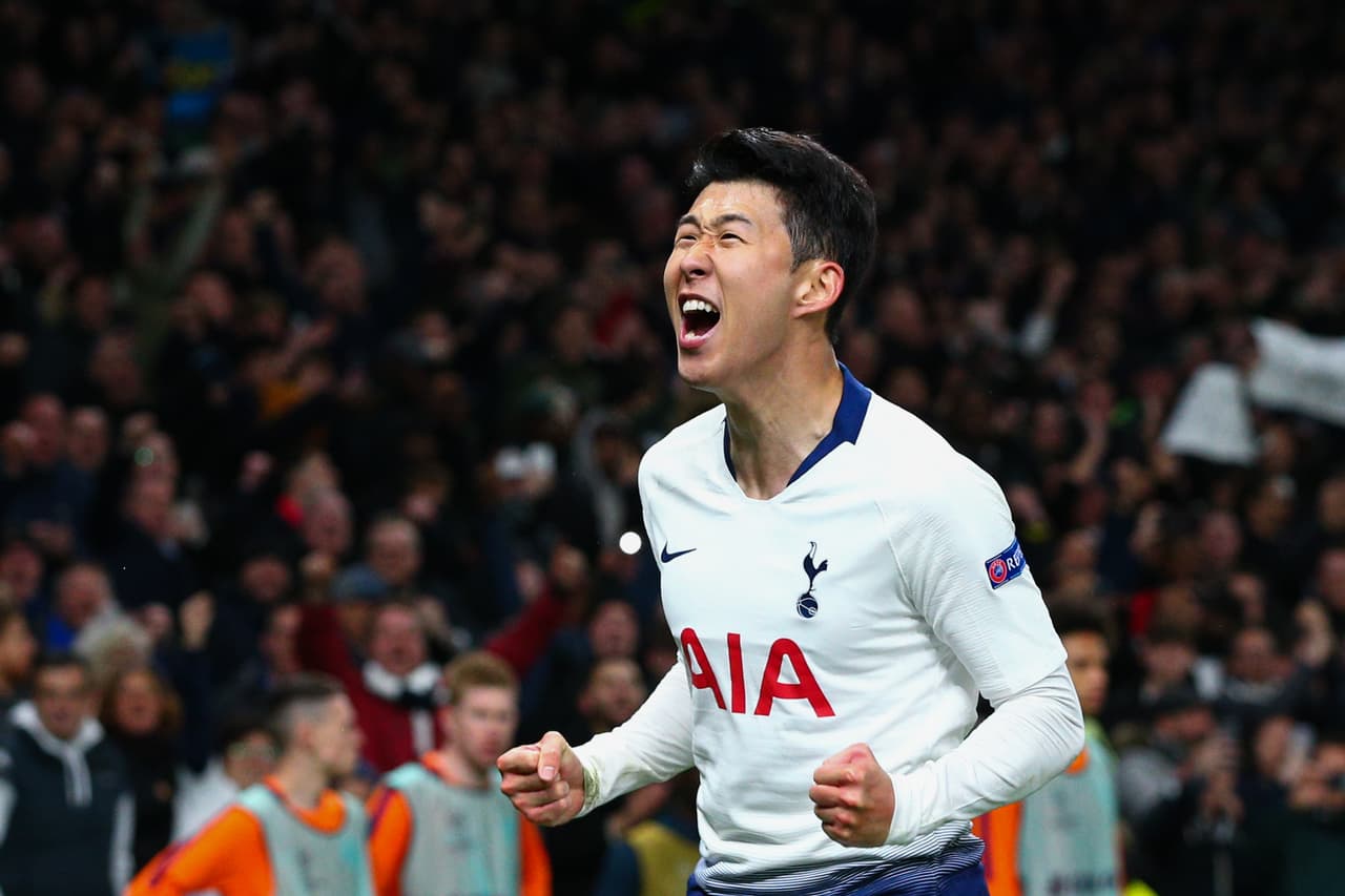 Heung-Min Son of Tottenham Hotspur celebrates scoring the opening goal during the UEFA Champions League Quarter Final first leg match between Tottenham Hotspur and Manchester City at Tottenham Hotspur Stadium on April 9, 2019 in London, England.