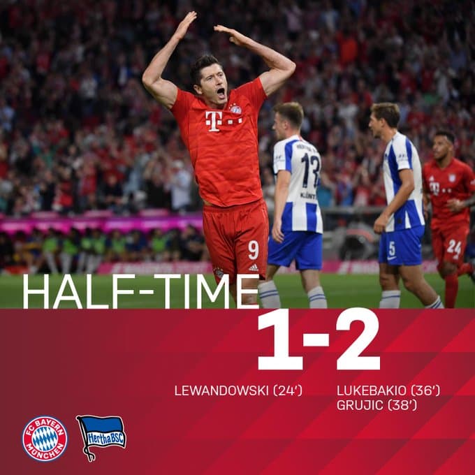 Lewandowski anotó doblete pero el conjunto bávaro no pasó del empate ante el Hertha en el arranque de la Bundesliga.