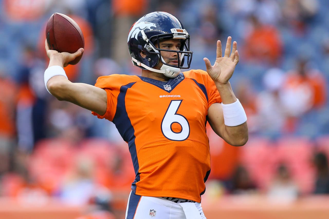 DENVER, CO - AUGUST 27: Quarterback Mark Sanchez #6 of the Denver Broncos warms up before a game against the Los Angeles Rams at Sports Authority Field at Mile High on August 27, 2016 in Denver, Colorado. (Photo by Justin Edmonds/Getty Images)