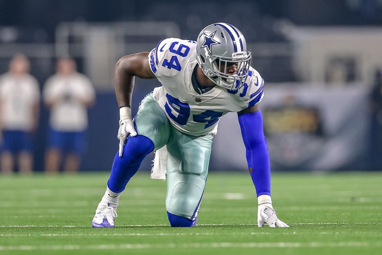 Dallas Cowboys defensive end Randy Gregory lines up during the preseason football game between the Dallas Cowboys and Arizona Cardinals on August 26, 2018 at AT&T Stadium in Arlington, TX.