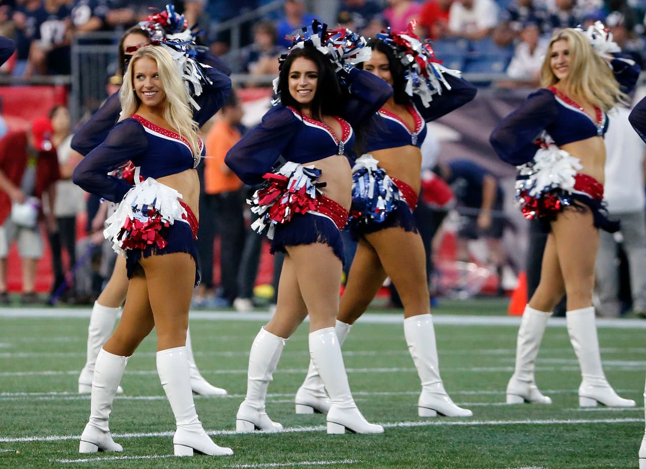 New England Patriots cheerleaders perform before a preseason NFL football game between the New England Patriots and the Philadelphia Eagles, Thursday, Aug. 16, 2018, in Foxborough, Mass. (AP Photo/Mary Schwalm)