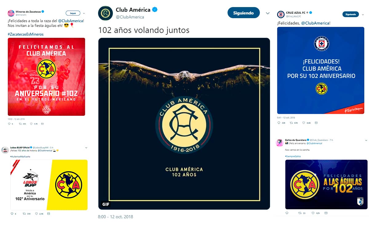 Varios clubes de México y el mundo saludaron al Club América en su aniversario 102.