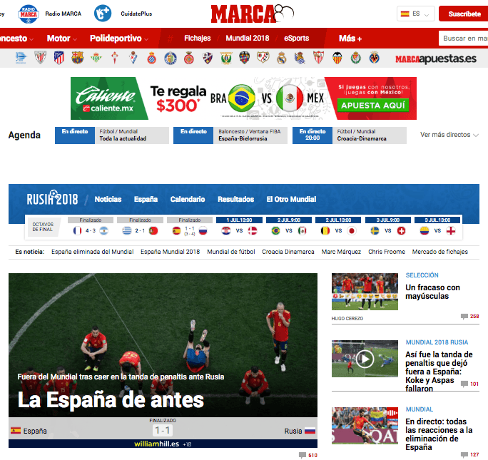 La prensa, sobre todo la española, no tuvo recato para calificar la eliminación de España ante Rusia. Aquí
<i>Diario Marca</i>.