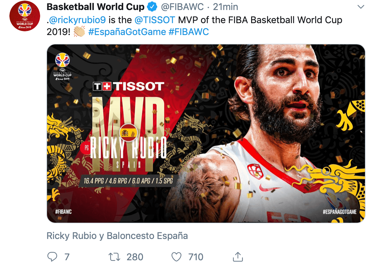 Ricky Rubio es nombrado ‘Jugador más Valioso’ de la final.