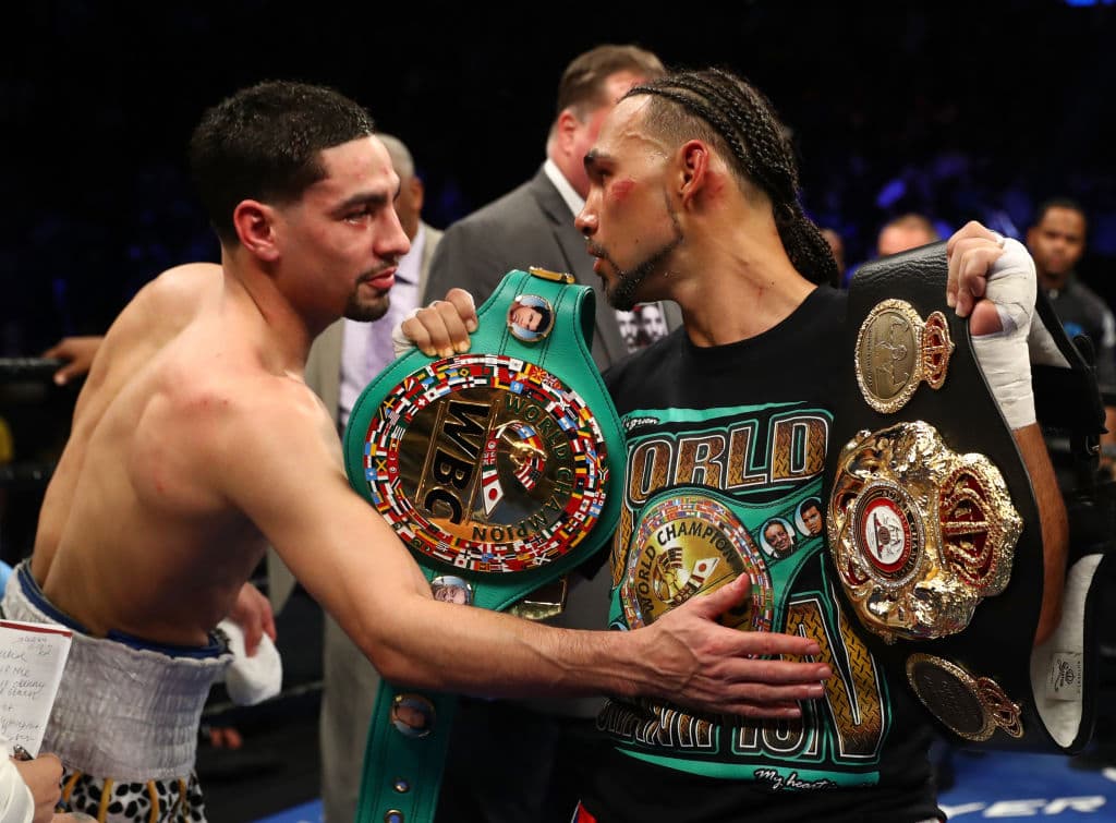 NEW YORK, NY - MARCH 04: Danny Garcia congratulates Keith Thurman after losing a split decision against him for the WBA/WBC Welterweight unification Championship at the Barclays Center in Brooklyn, New York on March 4, 2017 in New York City. (Photo by Al Bello/Getty Images)