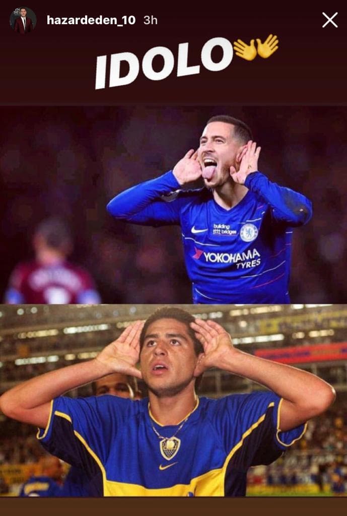 Esta fue la imagen que subió Hazard en sus historias de Instagram, haciendo referencia a Riquelme y su evidente gusto por él.
