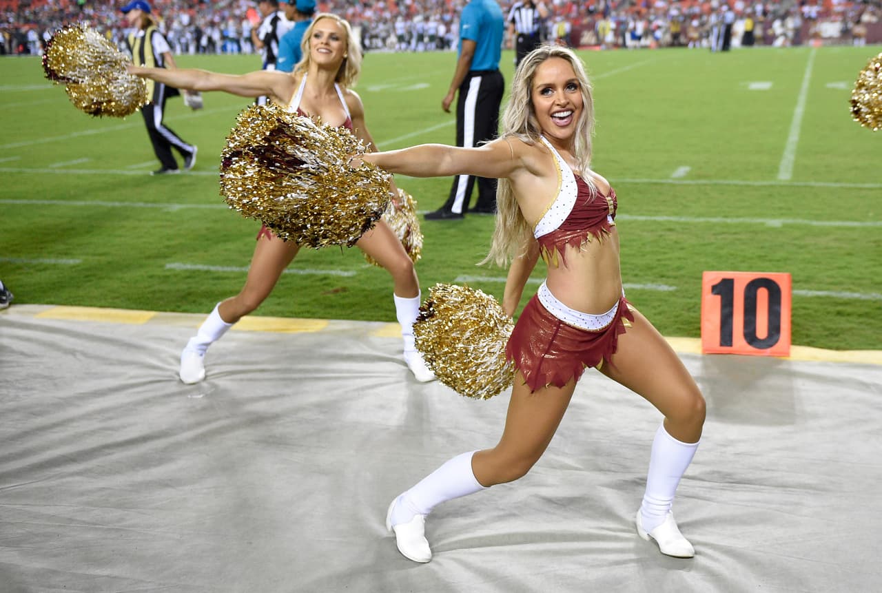 The Washington Redskins cheerleaders perform during the second half of a preseason NFL football game between the Washington Redskins and the New York Jets, Thursday, Aug. 16, 2018, in Landover, Md. (AP Photo/Nick Wass)