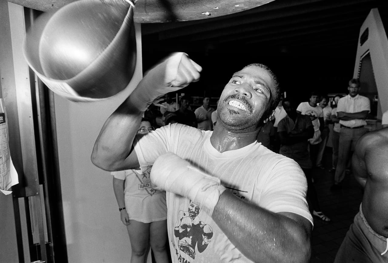 Former WBA junior welterweight champ Aaron Pryor practices for his fight against Bobby Joe Young, Aug. 6, 1987, in Fort Lauderdale, Florida. Pryor is attempting a comeback following a two-year struggle with drugs. (AP Photo/Raul de Molina)