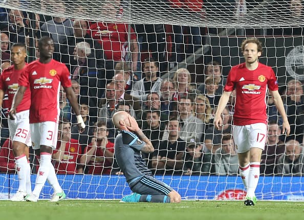 MANCHESTER, ENGLAND - MAY 11: John Guidetti of Celta Vigo reacts to a missed chance during the UEFA Europa League, semi final second leg match, between Manchester United and Celta Vigo at Old Trafford on May 11, 2017 in Manchester, United Kingdom. (Photo by Matthew Peters/Man Utd via Getty Images)