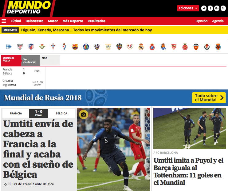 El diario deportivo español 
<i>Mundo Deportivo</i> también resaltó la valía del gol del jugador del FC Barcelona Samuel Umititi.
