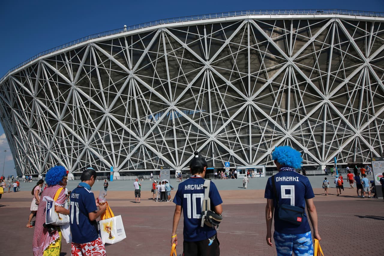 Supporters of team Japan arrive for the group H match between Japan and Poland at the 2018 soccer World Cup at the Volgograd Arena in Volgograd, Russia, Thursday, June 28, 2018. (AP Photo/Eugene Hoshiko)