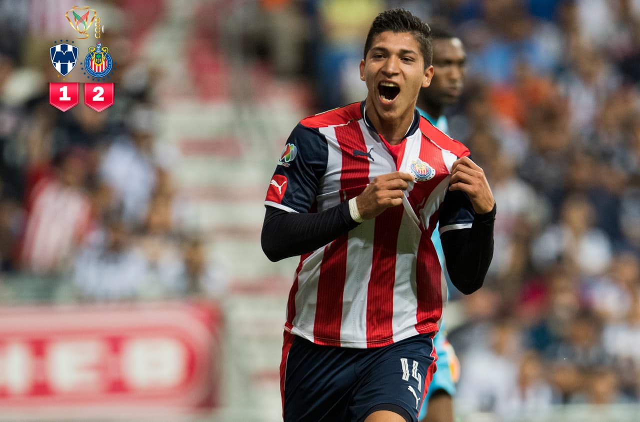 Action photo during the match Monterrey vs Guadalajara, Corresponding of the Semifinals of the Copa MX CORONA of the Clausura 2017 Tournament, at BBVA Bancomer Stadium Foto de accion durante el partido Monterrey vs Guadalajara, Correspondiente a las Semifinales de la Copa CORONA MX del Torneo Clausura 2017, en el Estadio BBVA Bancomer, en la foto: Angel Zaldivar celebra su gol de Guadalajara 05/04/2017/MEXSPORT/Jorge Martinez.