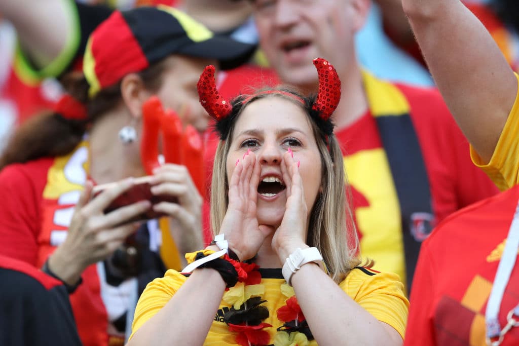 SOCHI, RUSSIA - JUNE 18: A Fan of Belgium enjoys the pre-match atmosphere ahead of the 2018 FIFA World Cup Russia group G match between Belgium and Panama at Fisht Stadium on June 18, 2018 in Sochi, Russia. (Photo by Richard Heathcote/Getty Images)