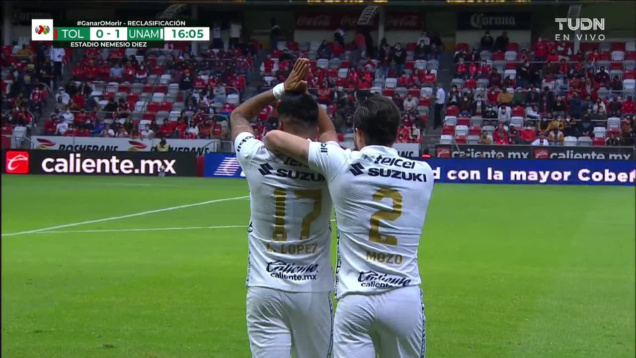 ¡GOL!  anota para Pumas UNAM. Leonel López