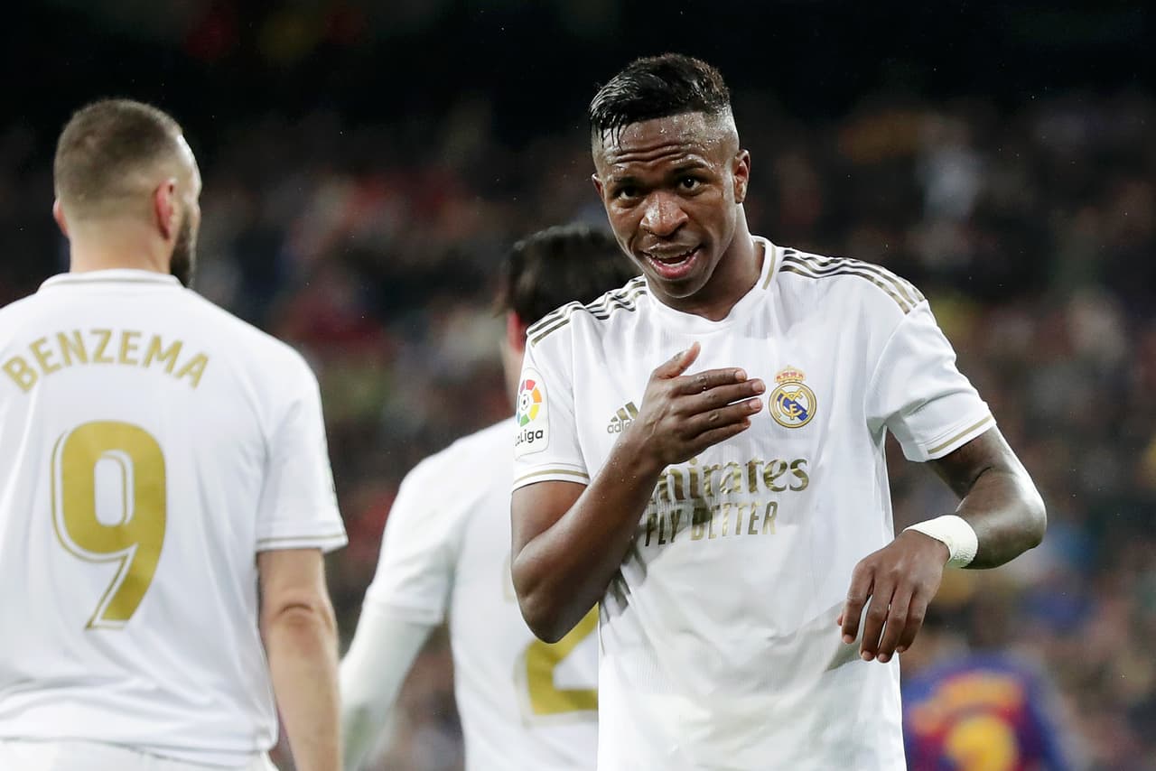 MADRID, SPAIN - MARCH 01: Vinicius Junior of Real Madrid celebrates after scoring his team's first goal during the Liga match between Real Madrid CF and FC Barcelona at Estadio Santiago Bernabeu on March 01, 2020 in Madrid, Spain. (Photo by Gonzalo Arroyo Moreno/Getty Images)