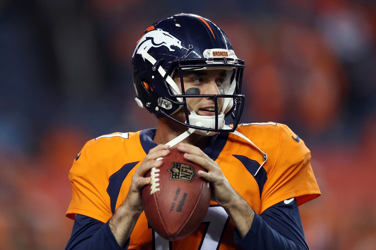 Denver Broncos quarterback Brock Osweiler (17) throws a pass while warming up before the 2017 NFL week 1 regular season football game against the Los Angeles Chargers, Monday, Sept. 11, 2017 in Denver. The Broncos won the game 24-21. (Paul Spinelli via AP)
