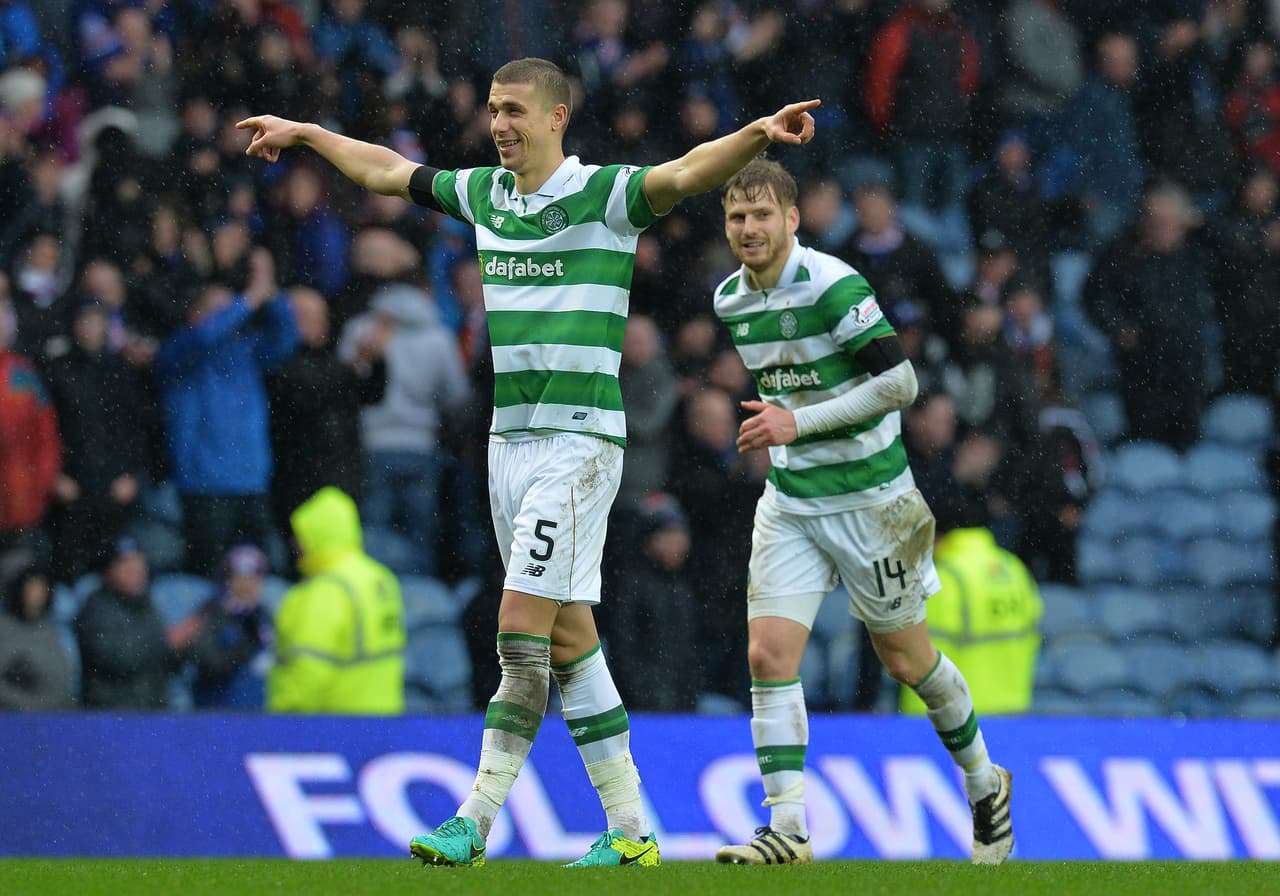 GLASGOW, SCOTLAND - DECEMBER 31: Jozo Simunovic of Celtic celebrate at the final Whistle during the Scottish Premiership match between Rangers FC and Celtic FC at Ibrox Stadium on December 31, 2016 in Glasgow, Scotland. (Photo by Mark Runnacles/Getty Images)
