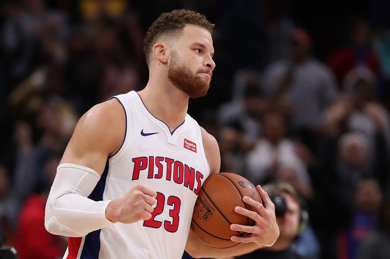 DETROIT, MI - OCTOBER 23: Blake Griffin #23 of the Detroit Pistons celebrates a 133-132 overtime win over the Philadelphia 76ers at Little Caesars Arena on October 23, 2018 in Detroit, Michigan. NOTE TO USER: User expressly acknowledges and agrees that, by downloading and or using this photograph, User is consenting to the terms and conditions of the Getty Images License Agreement. (Photo by Gregory Shamus/Getty Images)
