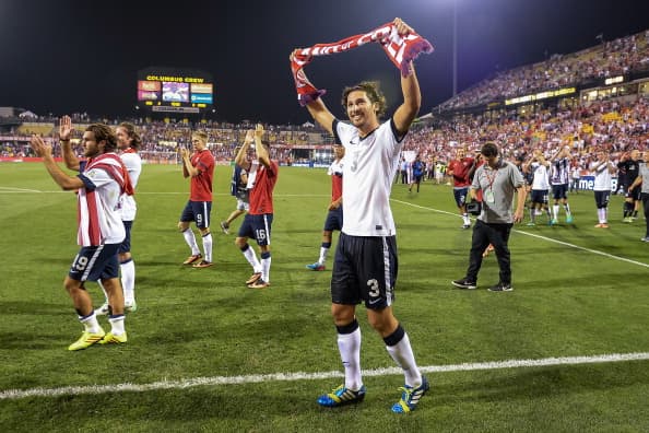COLUMBUS, OH - SEPTEMBER 10: Omar Gonzalez #3 of the United States Men's National Team celebrates a victory over Mexico at Columbus Crew Stadium on September 10, 2013 in Columbus, Ohio. (Photo by Jamie Sabau/Getty Images)