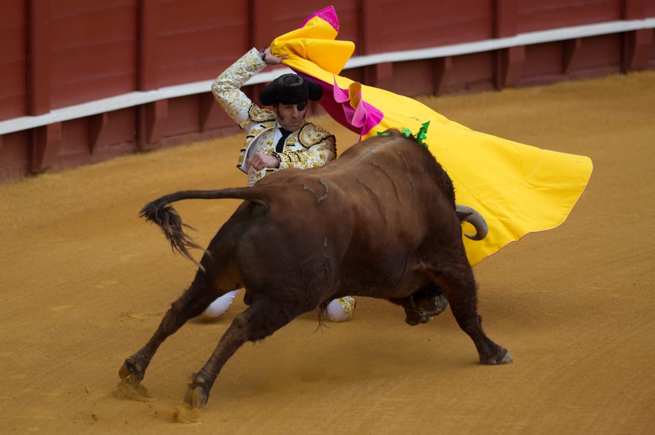 Spanish matador Juan Jose Padilla performs a pass with muleta on a bull during a bullfight at the Maestranza bullring in Sevilla on April 21, 2018. (Photo by JORGE GUERRERO / AFP) (Photo credit should read JORGE GUERRERO/AFP/Getty Images)